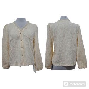 J. ING Korean Style Lace Trim V Neck Button Front Blouse Small/Medium Cream NWT